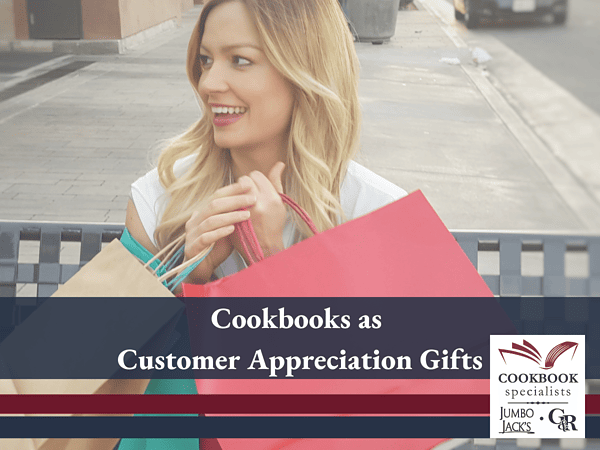 Customer sitting with shopping bags. Custom cookbooks as appreciation gifts