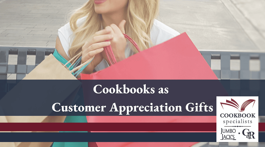 Customer sitting with shopping bags. Custom cookbooks as appreciation gifts